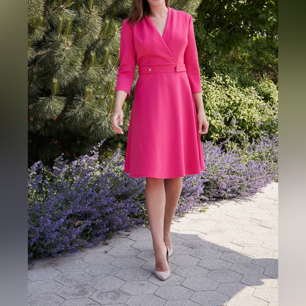 London Times Pink Surplice Neck 3/4 Sleeve Midi Dress Size 8